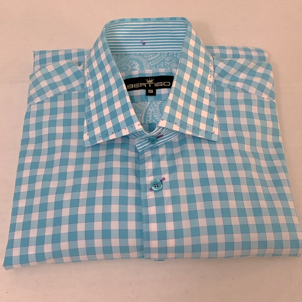 BERTIGO Plaid Shirt, Button Down, Long Sleeve, Purple Stitch details Sz. 5/NWOT